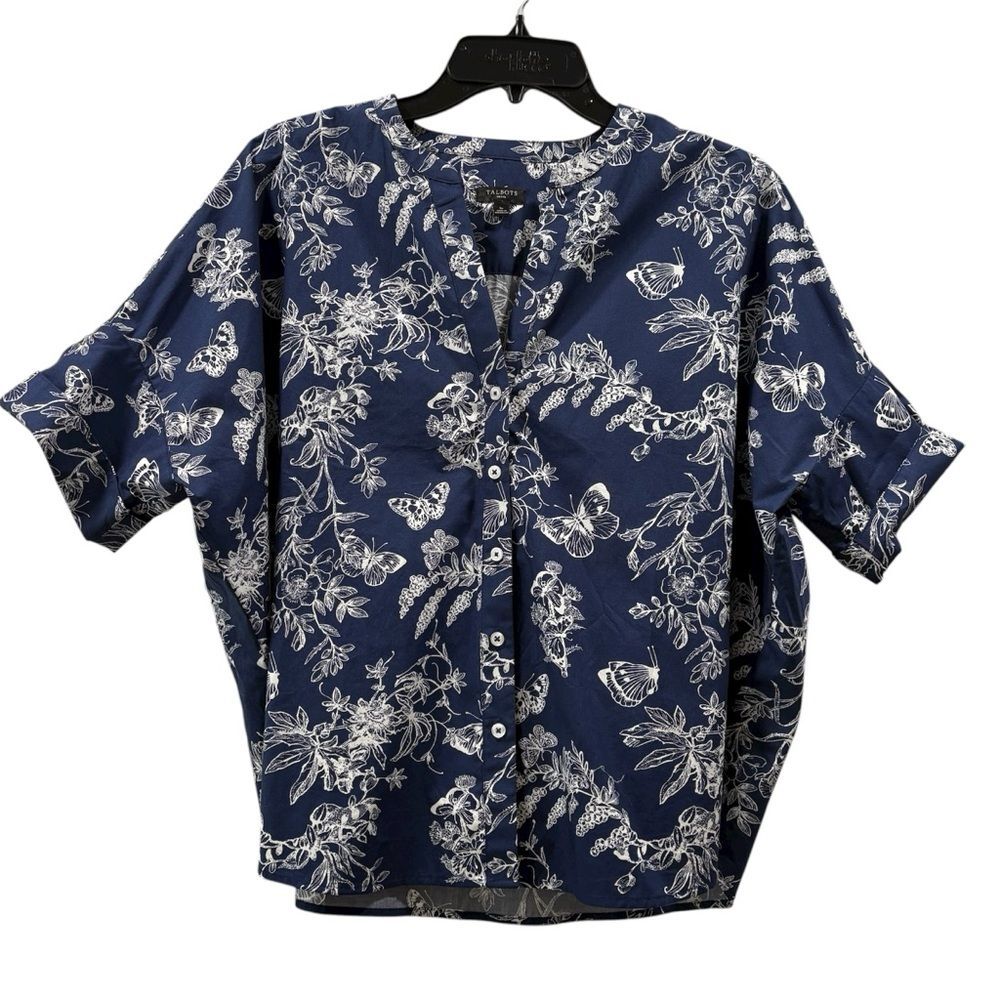 Talbots Navy Blue Floral Butterfly Boxy Short Sleeve Top Size SP Petite